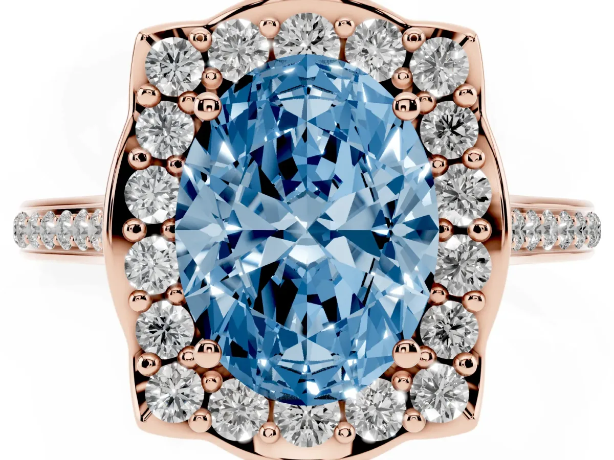 Fancy Blue Oval Cut Halo Round Diamond Pave Band with Four-Prong Setting Rose gold