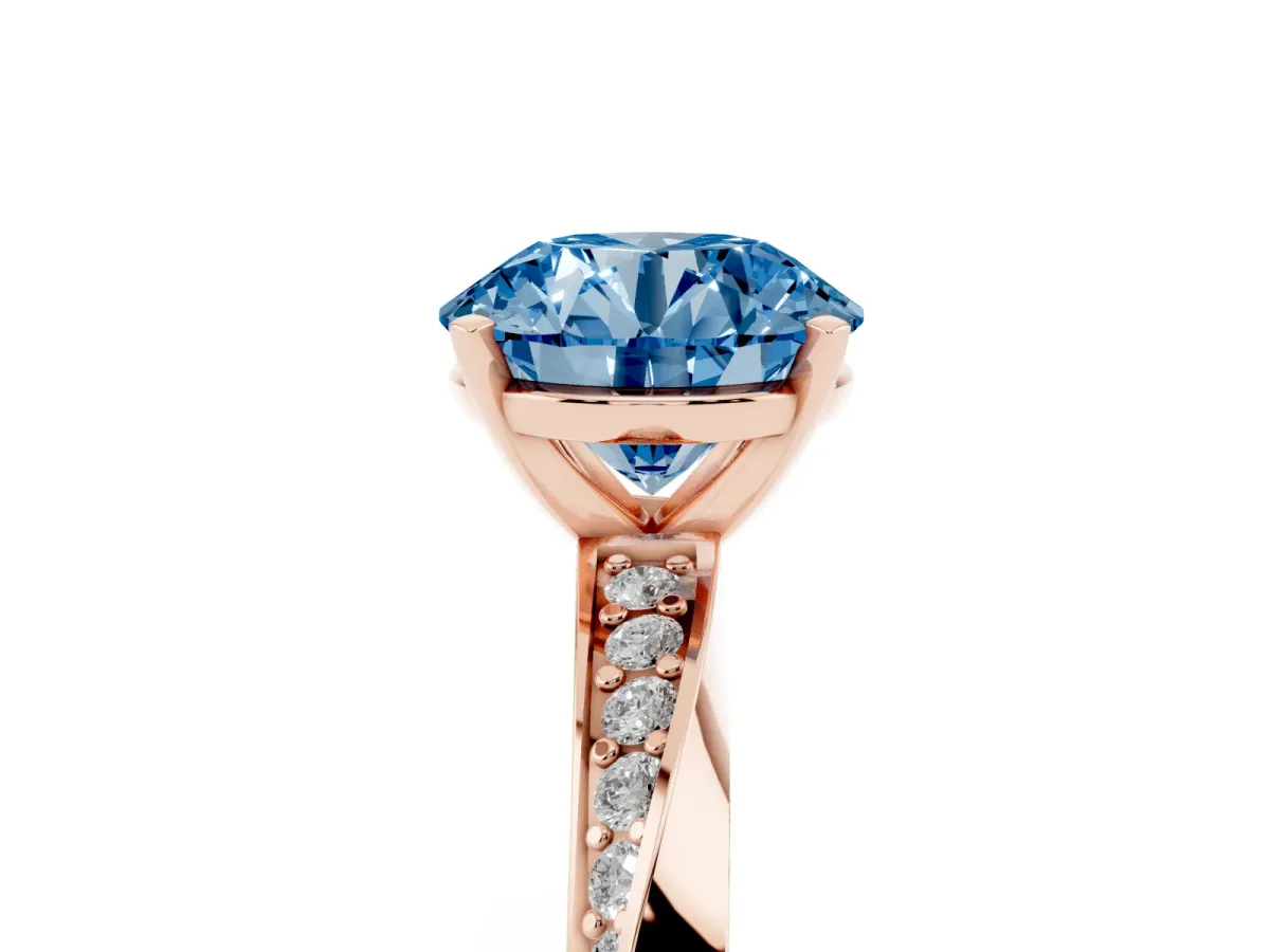 Fancy Blue Round Cut Diamond Engagement Ring with Side Stone Accents and Four-Prong Setting Rose gold