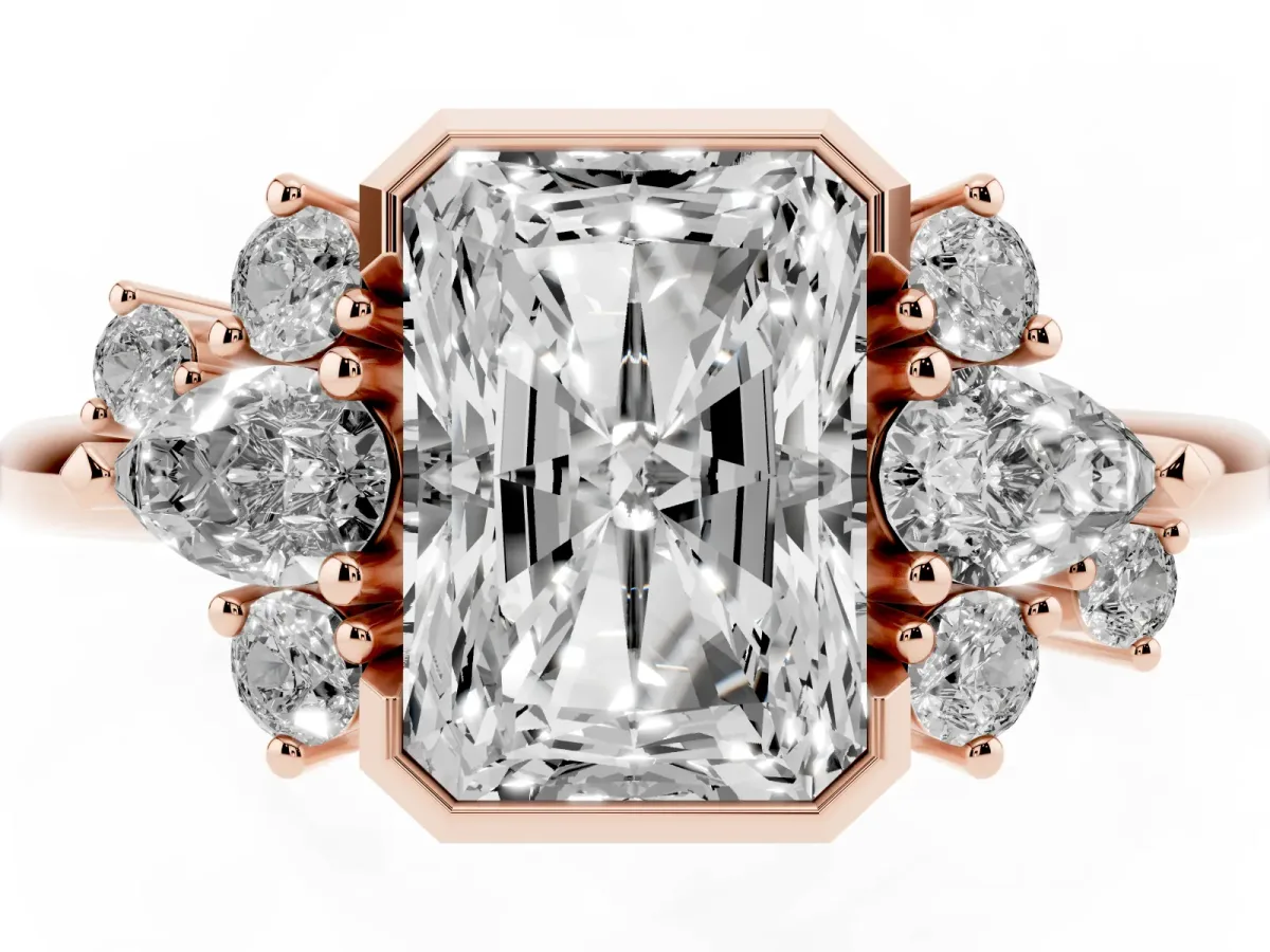 Radiant Diamond Engagement Ring with Pear and Round Side Stones Rose gold