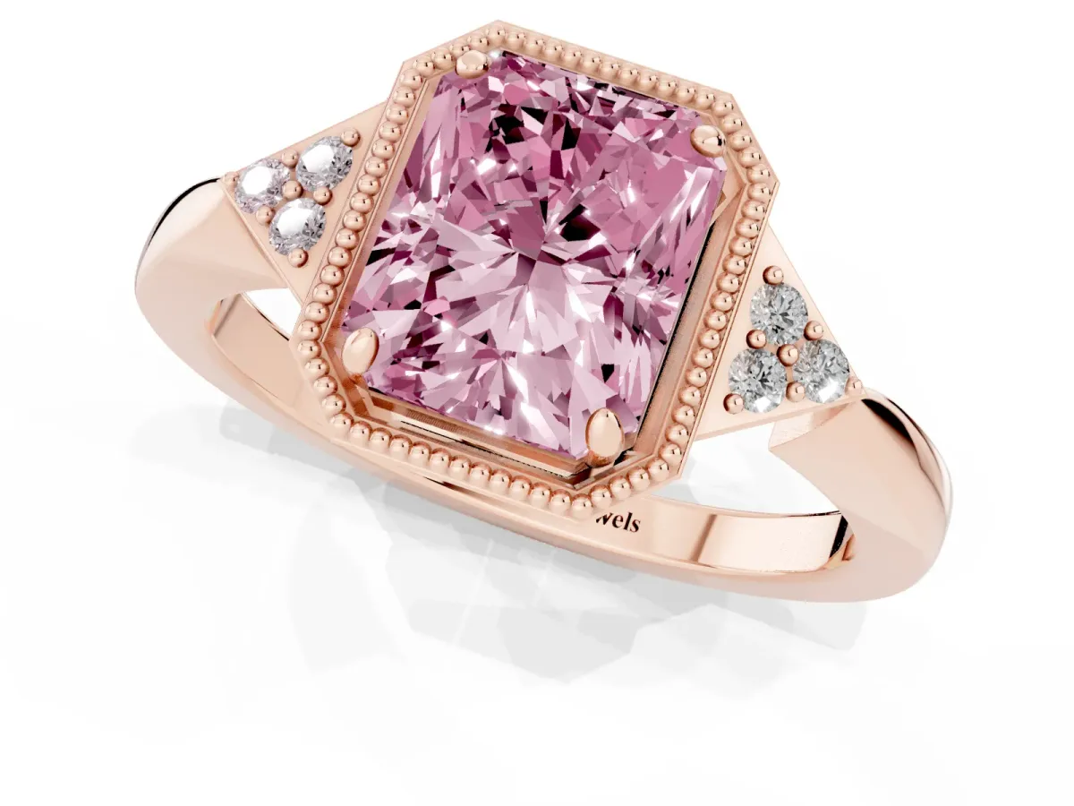 Fancy Pink Hexagonal Halo Radiant Cut Diamond Solitaire with Pavé Band and Four-Prong Setting Rose gold