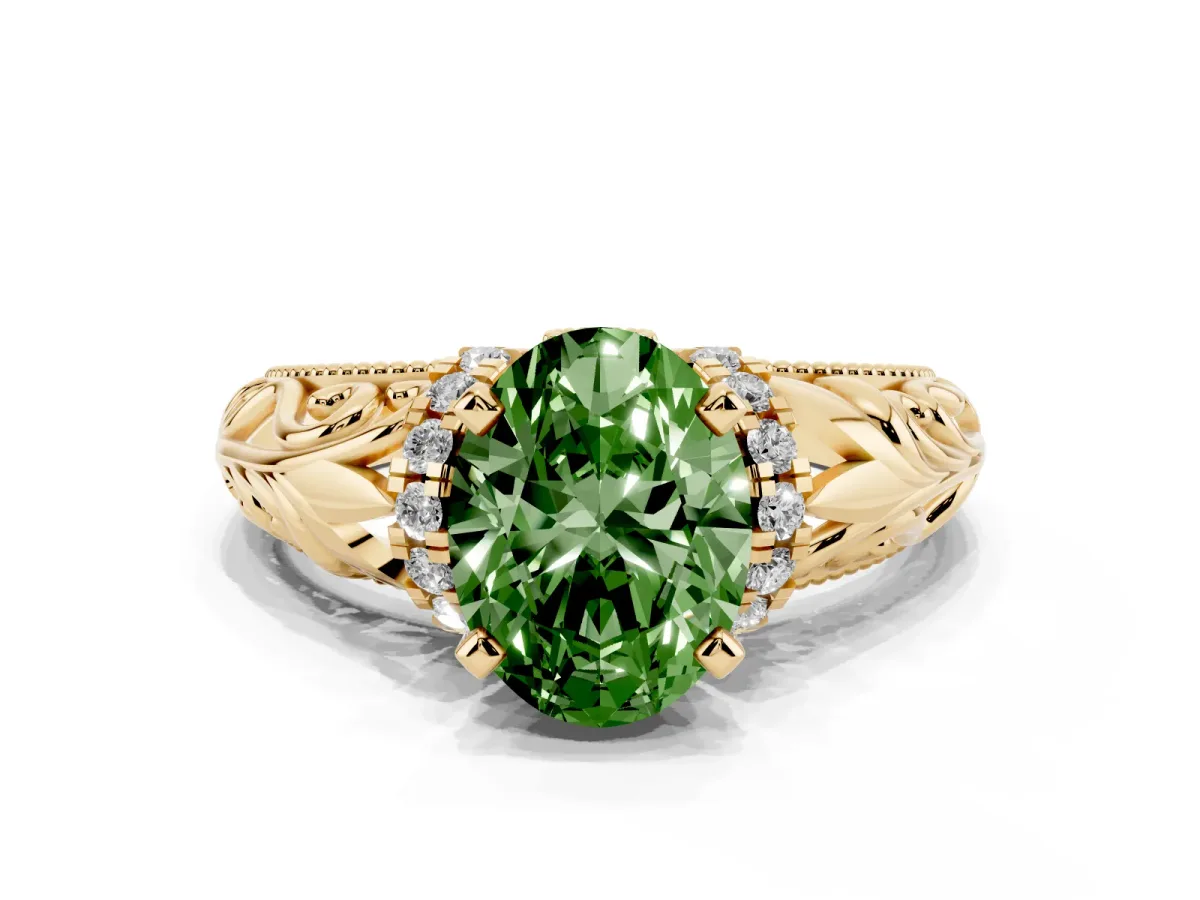 Fancy Green Oval Cut Solitaire Filigree Engagement Ring with Halo and Prong Setting Yellow gold