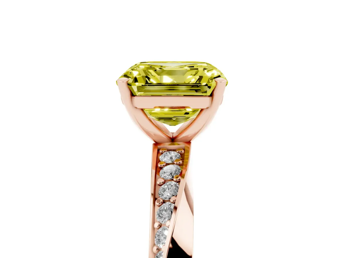 Fancy Yellow Asscher Cut Diamond Engagement Ring with Side Stone Accents and Four-Prong Setting Rose gold