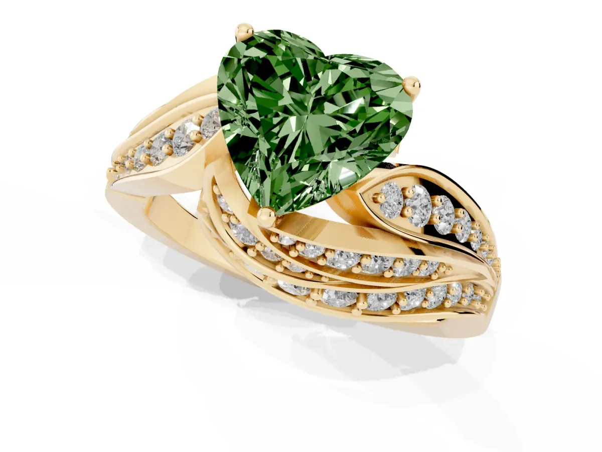 Fancy Green Heart Cut Diamond Solitaire Ring with Prong Setting and Twisted Pavé Band Yellow gold
