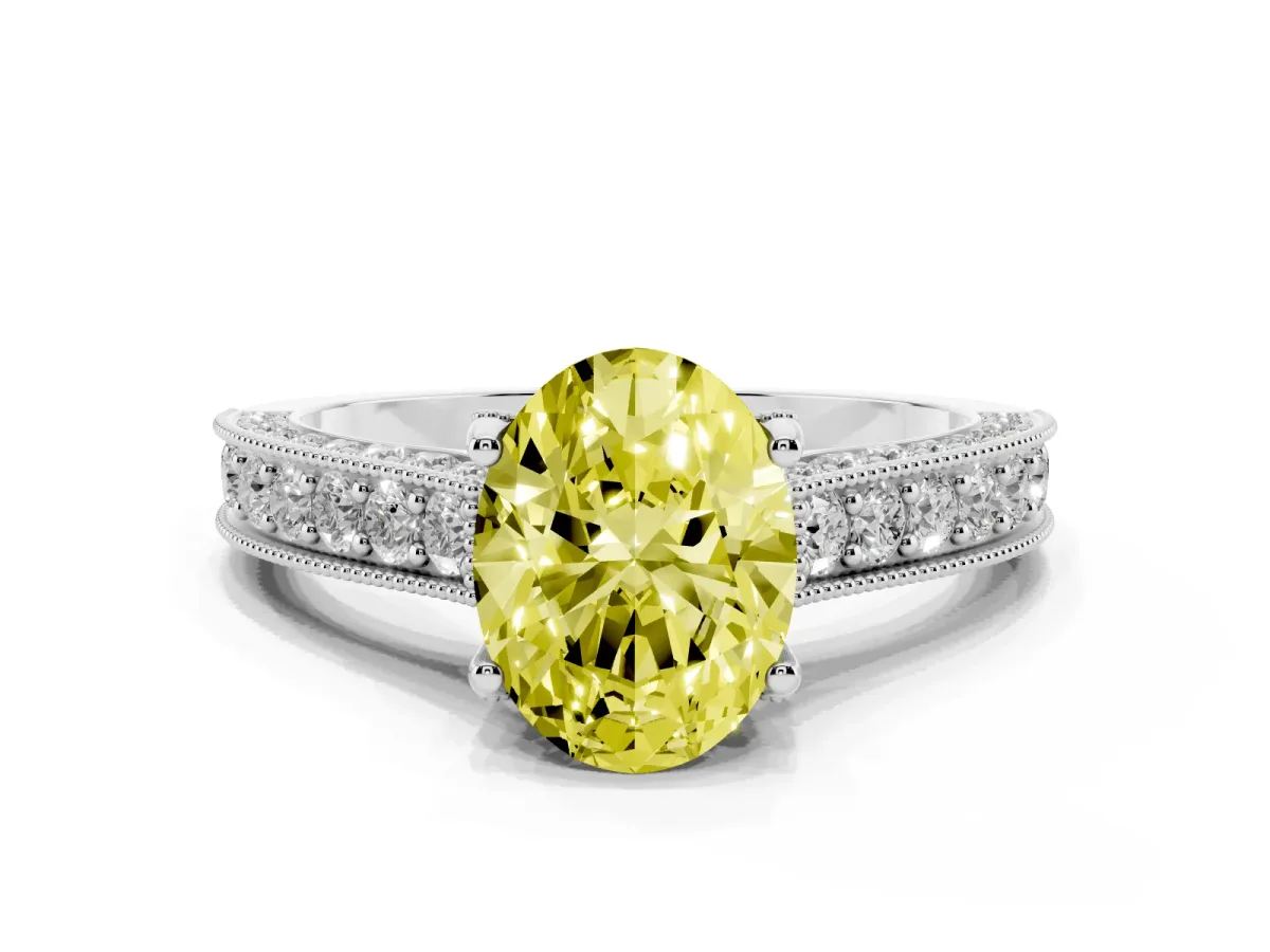 Fancy Yellow Oval Cut Cut Diamond Solitaire Ring with Milgrain Pave Band and Four Prong Setting Silver