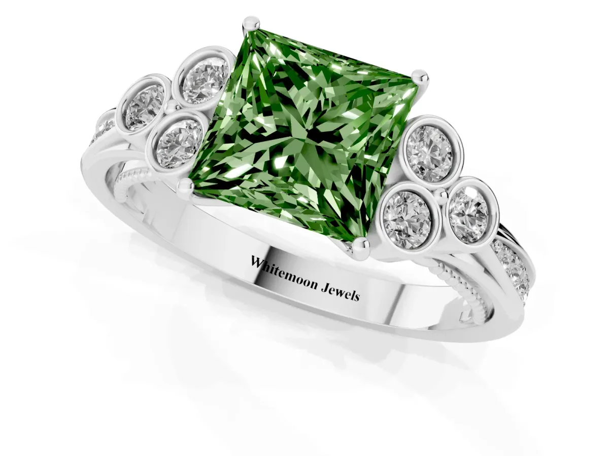 Fancy Green Princess Cut Cut Diamond Engagement Ring with Bezel Set Round Side Stones and Prong Setting Silver