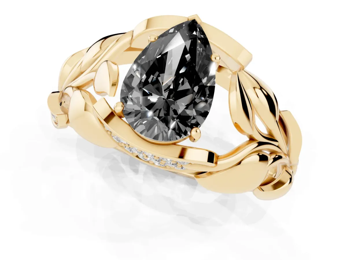 Fancy Black Pear Cut Diamond Leaf-Inspired Engagement Ring with Round Accents and Prong Setting Yellow gold