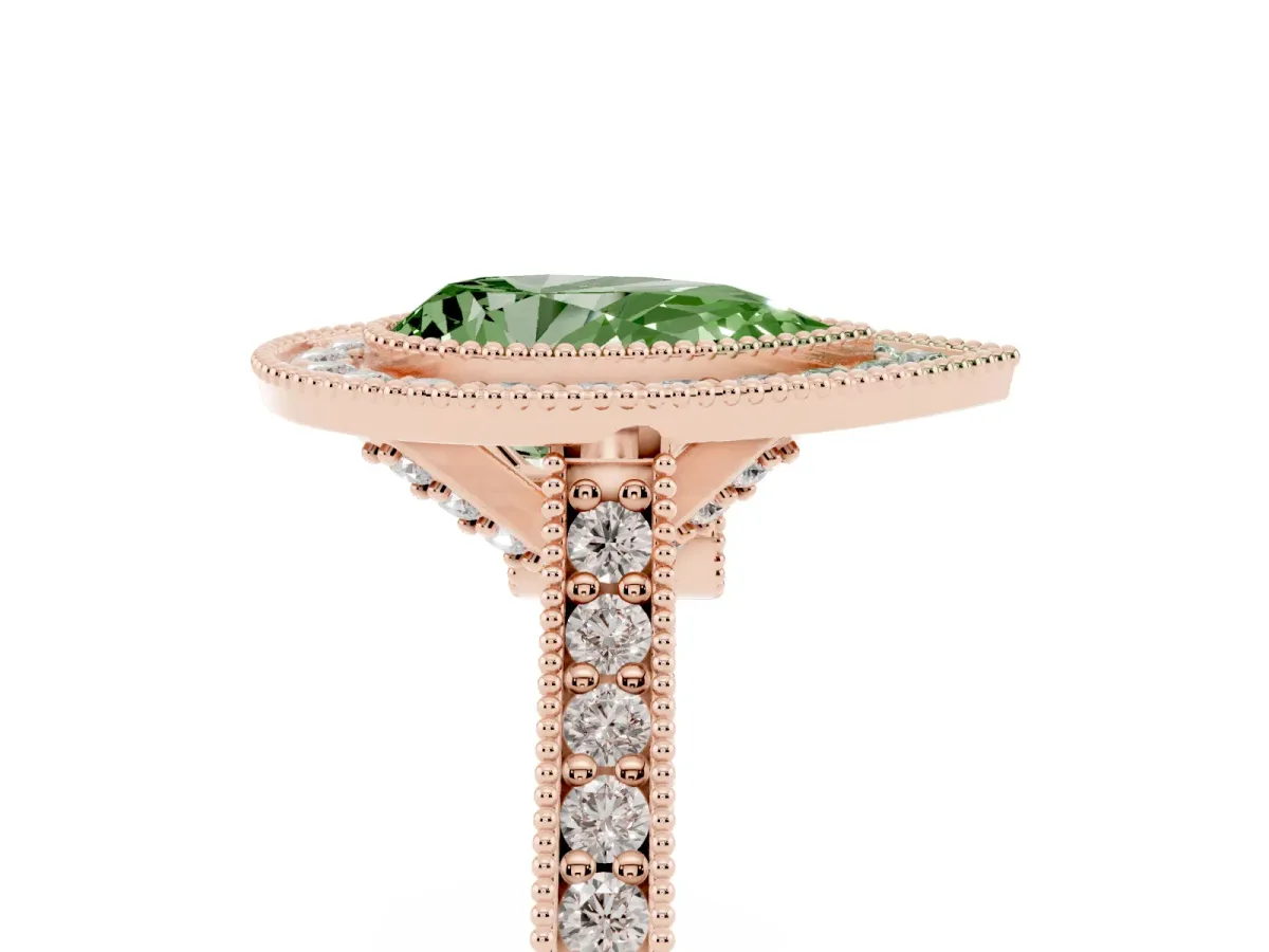 Fancy Green Halo Pear Cut-Cut Diamond Pave Band Milgrain Prong Setting Ring Rose gold