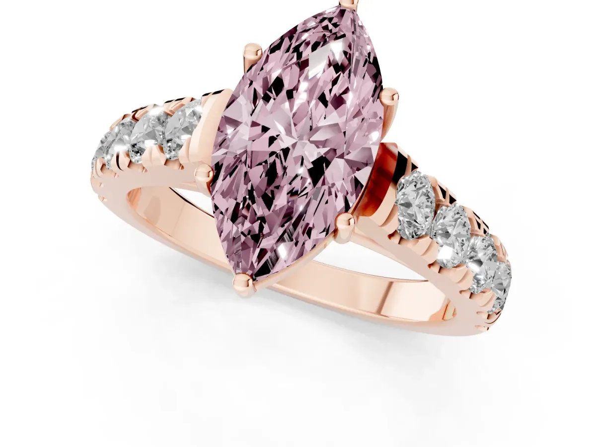 Fancy Pink Marquise Cut Cut Diamond Solitaire Ring with Micro Pave Band and Prong Setting Rose gold