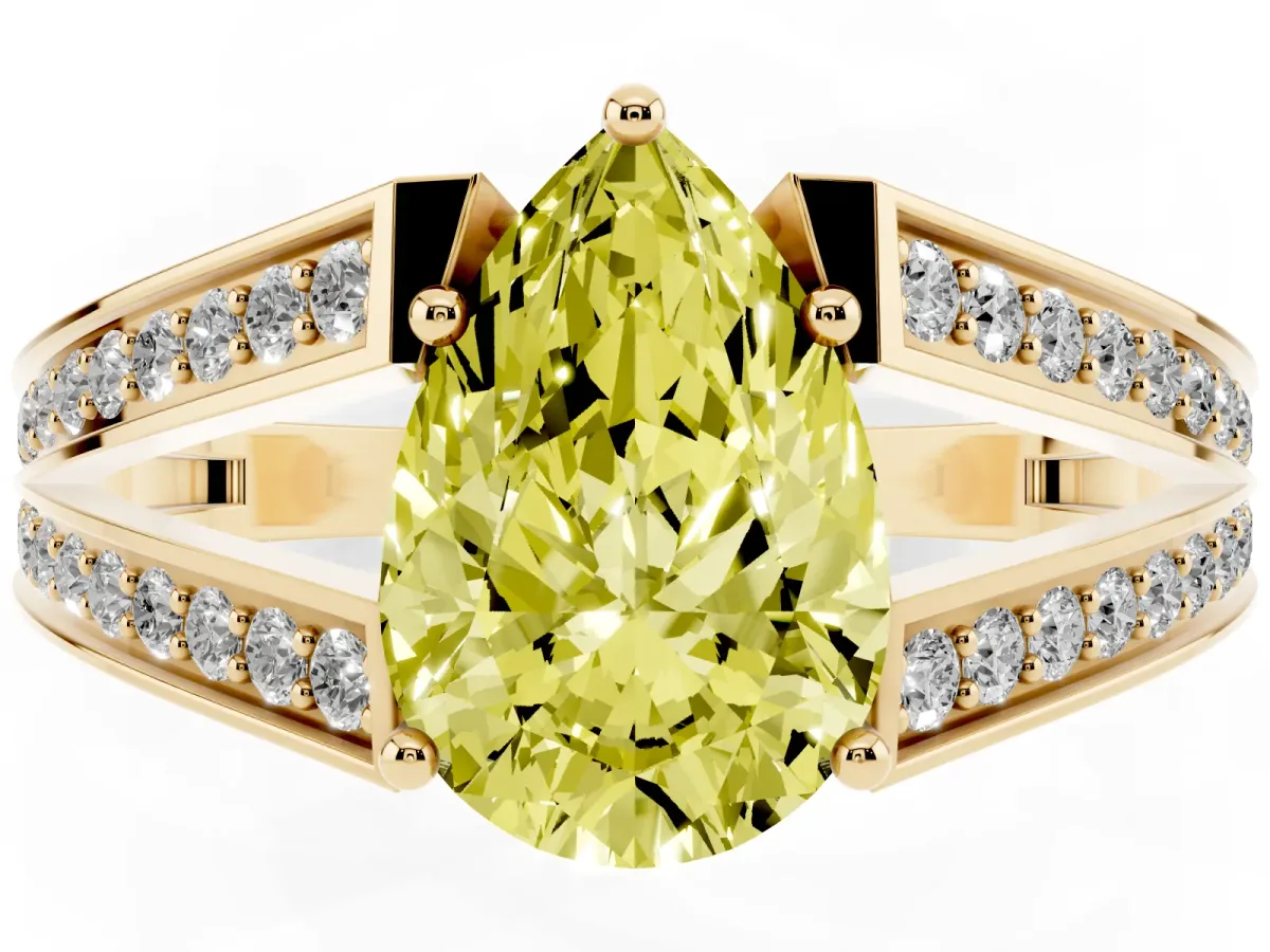 Fancy Yellow Pear Cut Diamond Split Shank Ring with Pavé Band and Four-Prong Setting Yellow gold