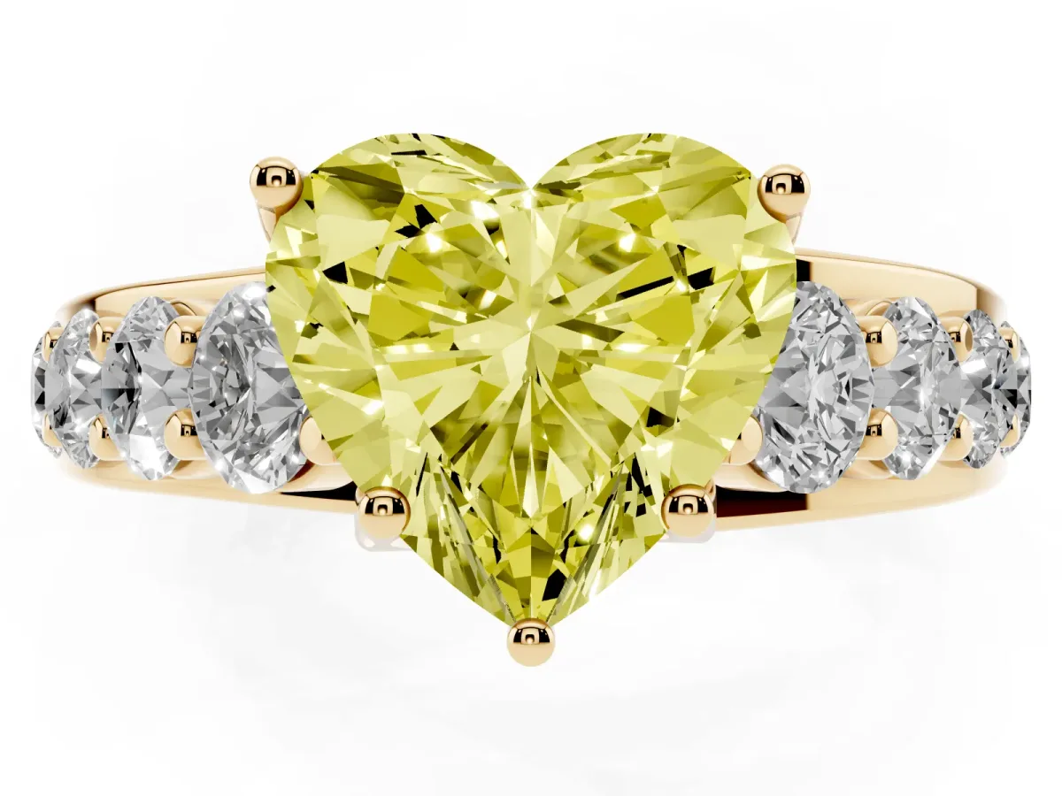 Fancy Yellow Heart Cut Diamond Engagement Ring with Pavé Band and Four-Prong Setting Yellow gold