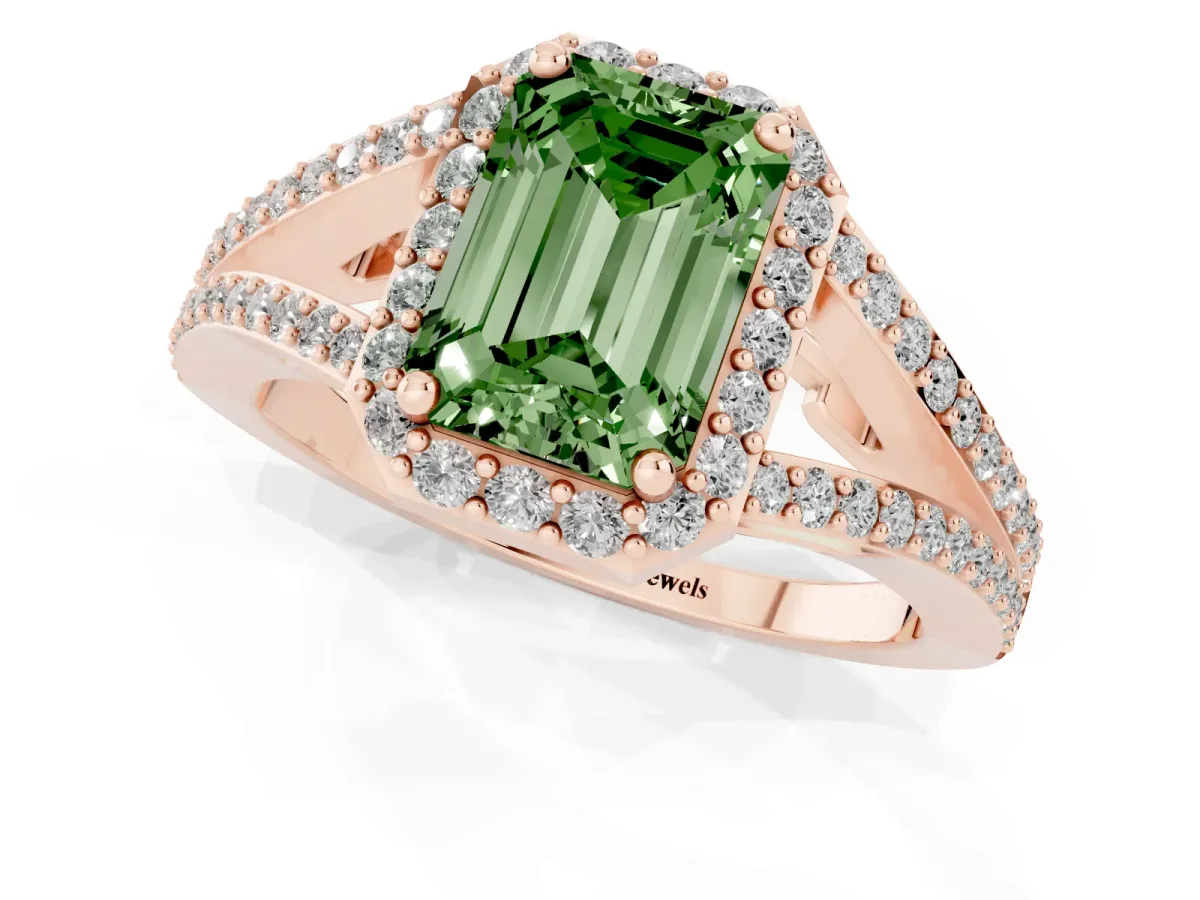 Fancy Green Emerald Cut Halo Split Shank Pave Diamond Ring with Four-Prong Setting Rose gold