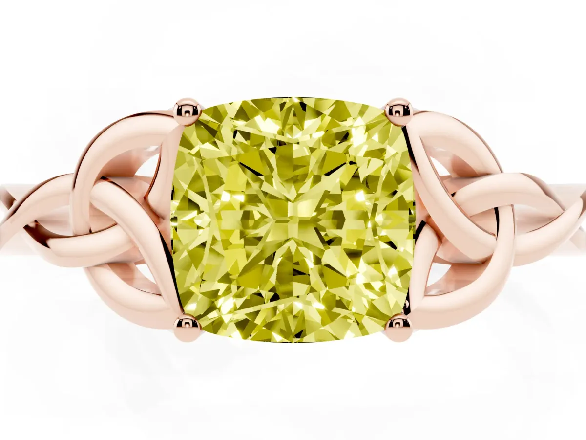 Fancy Yellow Cushion Cut Diamond Solitaire Engagement Ring with Celtic Knot Band and Four-Prong Setting Rose gold