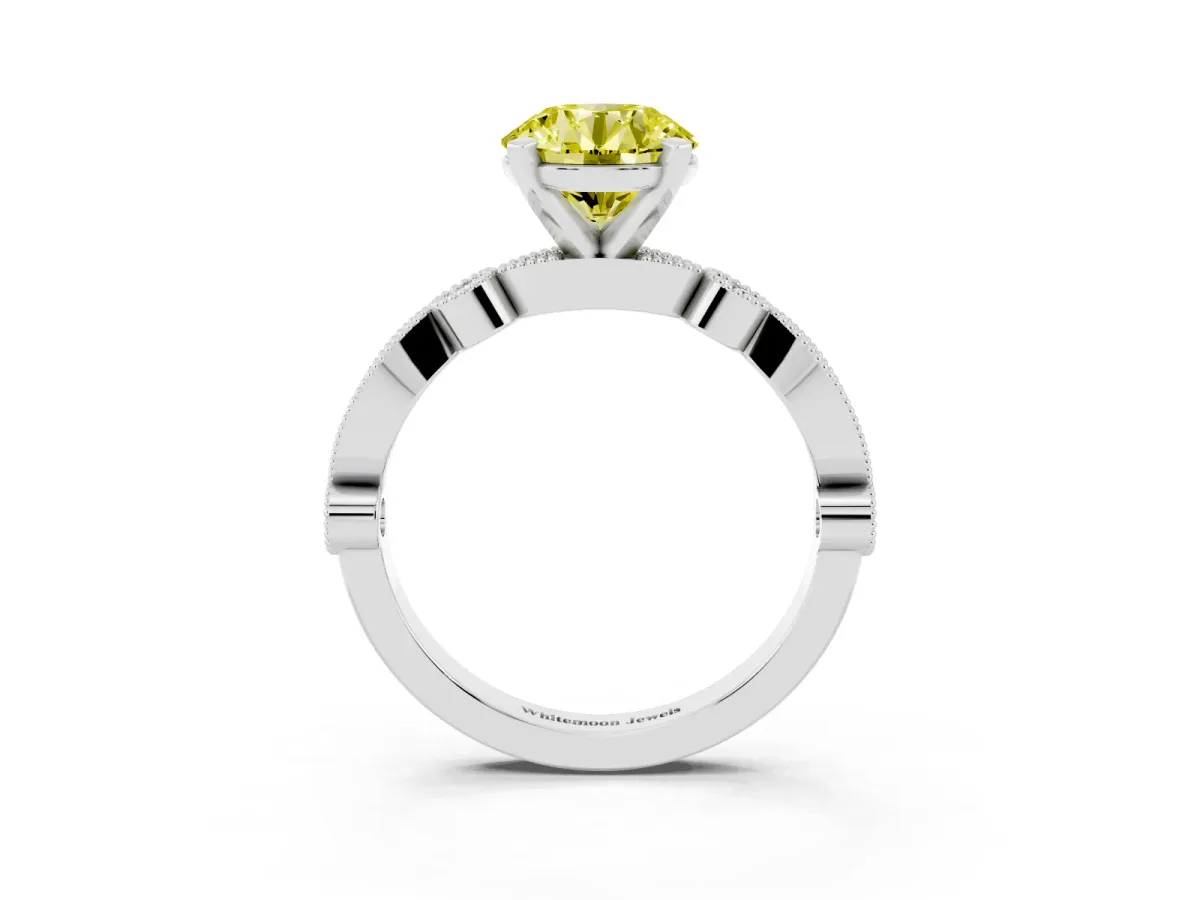 Fancy Yellow Round Cut Milgrain Bezel Diamond Engagement Ring with Solitaire Prong Setting Silver