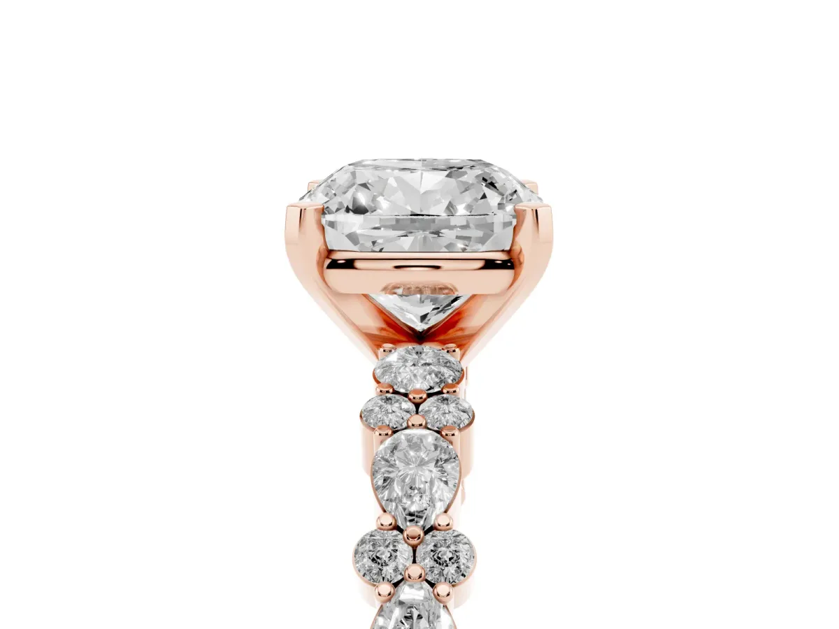 Cushion Cut Diamond Side Stone Solitaire Ring with Round and Four-Prong Setting Rose gold