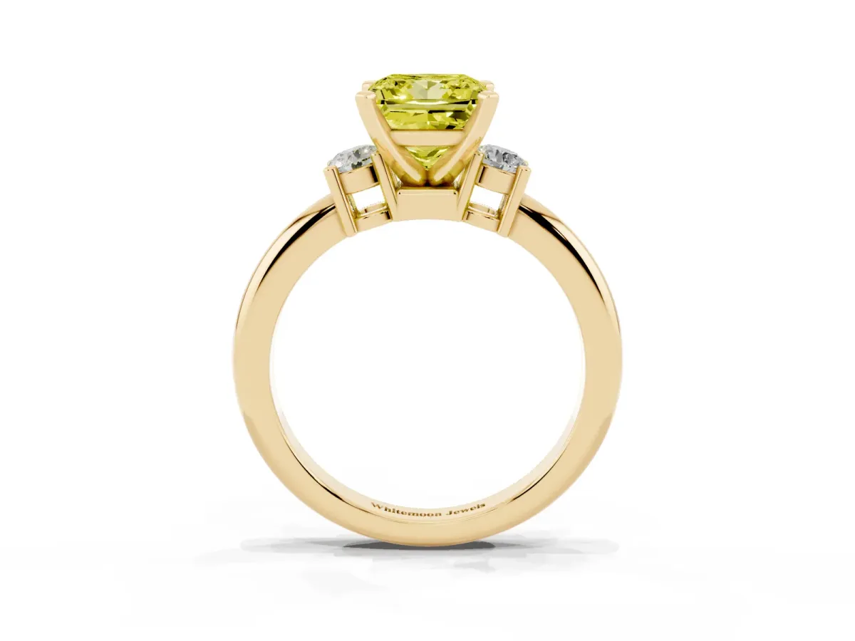 Fancy Yellow Three-Stone Princess Cut Cut Diamond Solitaire with Prong Setting and Classic Band Yellow gold