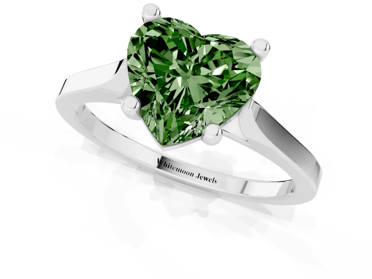 Fancy Green Heart Cut Solitaire Diamond Ring with Four-Prong Setting and Tapered Band Platinum