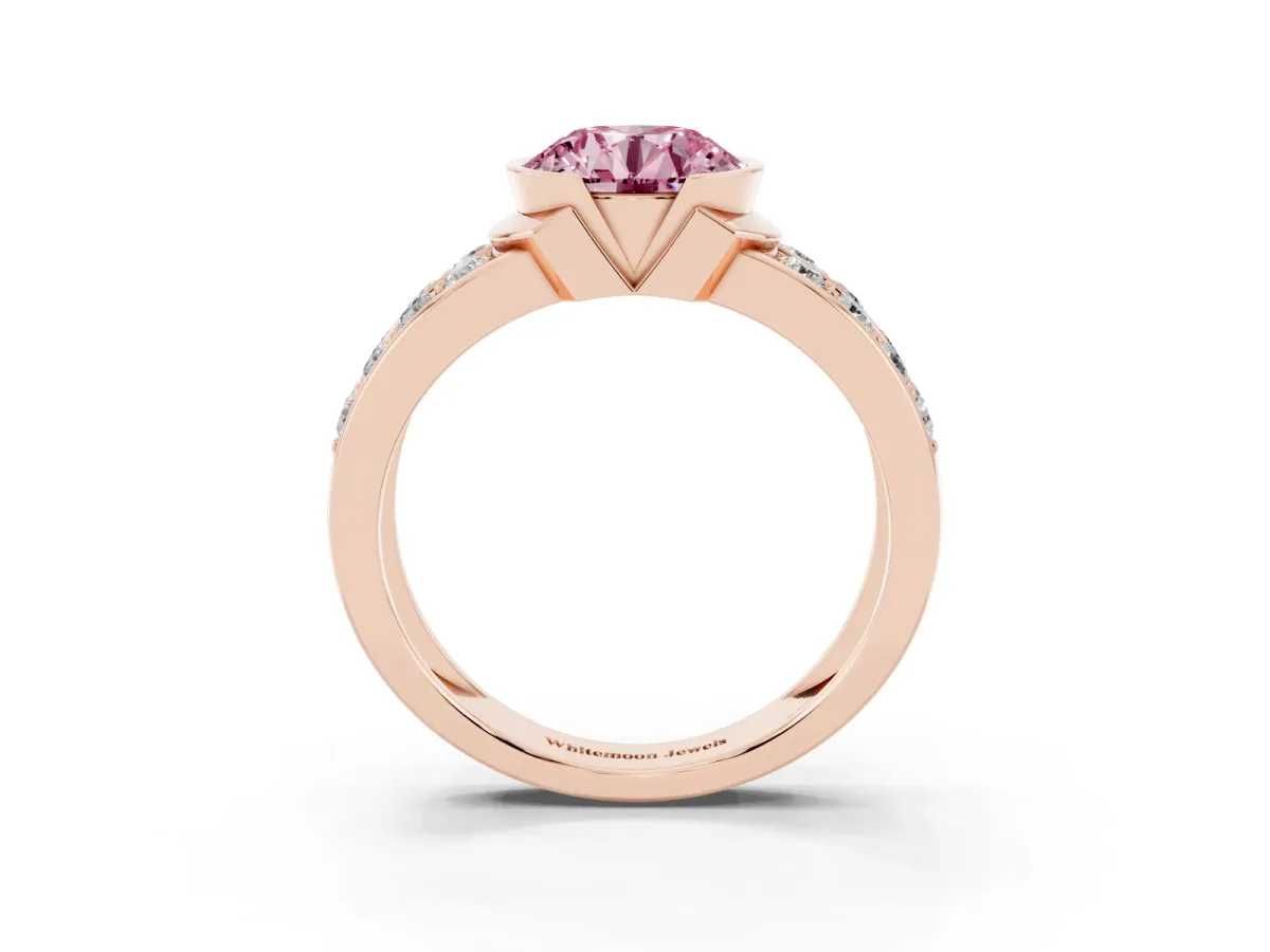 Fancy Pink Round Cut Brilliant Diamond Channel Set Wide Band Ring with Bezel Setting Rose gold