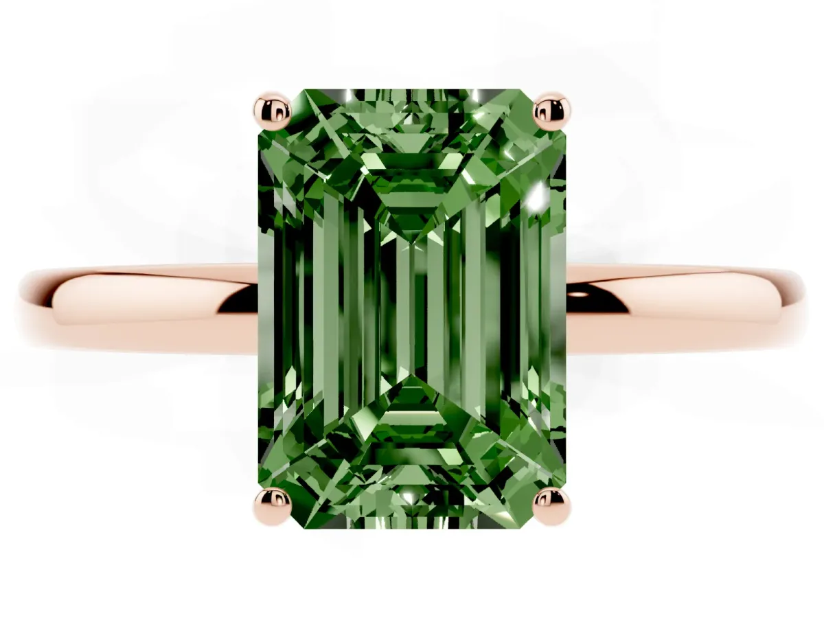 Fancy Green Emerald Cut Solitaire Diamond Ring with Prong Setting and Plain Band Rose gold