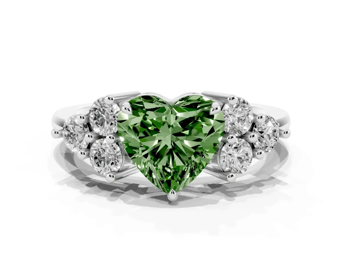 Fancy Green Heart Cut Brilliant Diamond Cluster Accent Solitaire Ring with Prong Setting Silver