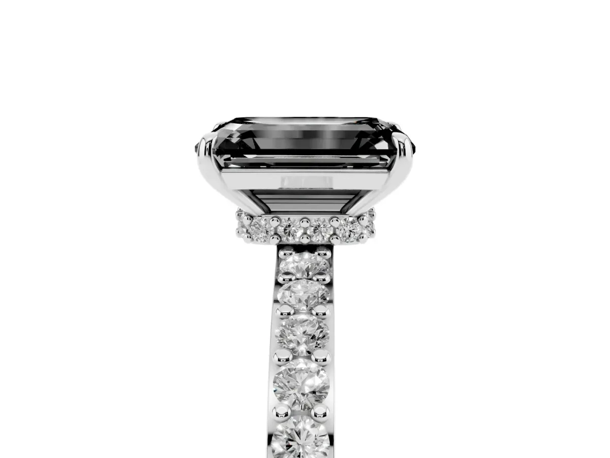 Fancy Black Emerald Cut Diamond Pavé Engagement Ring with Round Accents and Prong Setting Silver