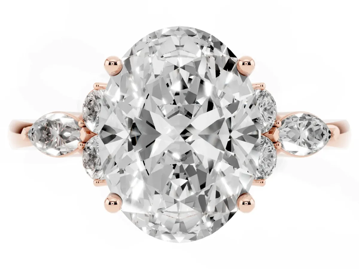 Oval Cut Brilliant Diamond Solitaire Ring with Pear Side Stones and Four-Prong Setting Rose gold