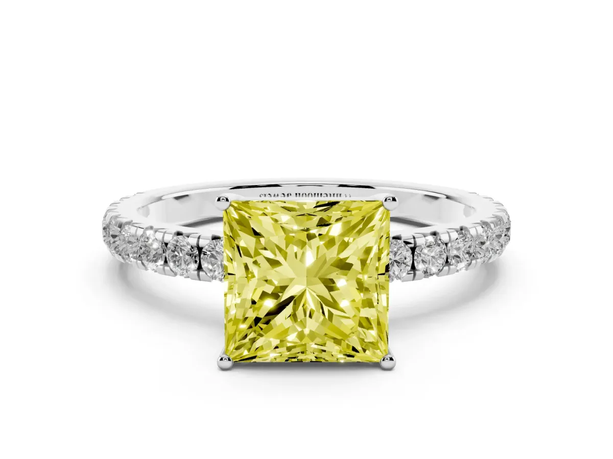 Fancy Yellow Princess Cut Diamond Pavé Solitaire Engagement Ring with Four-Prong Setting Silver