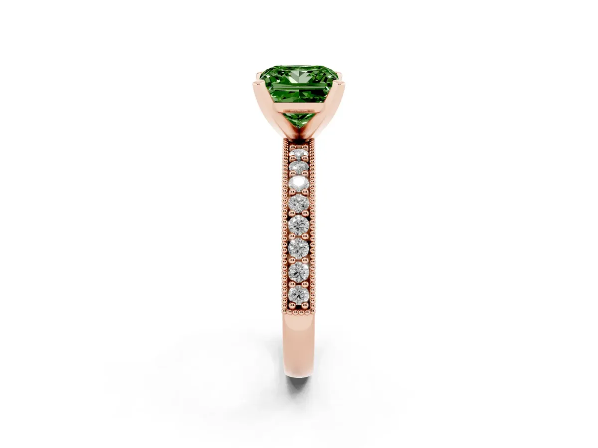 Fancy Green Princess Cut Diamond Milgrain Pavé Engagement Ring with Four-Prong Setting Rose gold