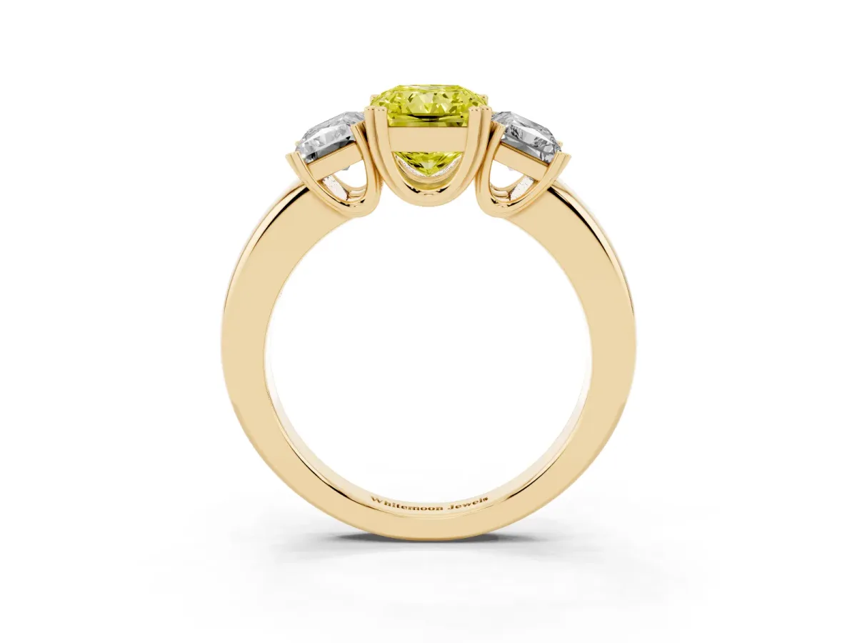 Fancy Yellow Three-Stone Radiant Cut Cut Diamond Ring with Channel Set Band and Four-Prong Setting Yellow gold