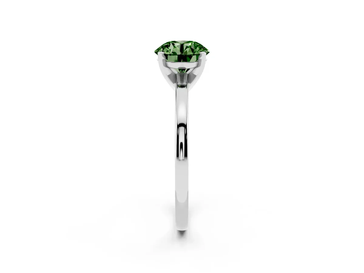 Fancy Green Round Cut Solitaire Diamond Engagement Ring with Four-Prong Setting on a Classic Band Silver