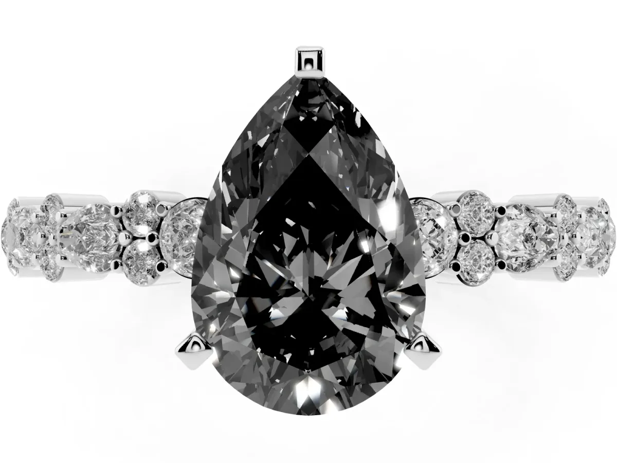 Fancy Black Pear Cut Diamond Side Stone Solitaire Ring with Round and Four-Prong Setting Platinum