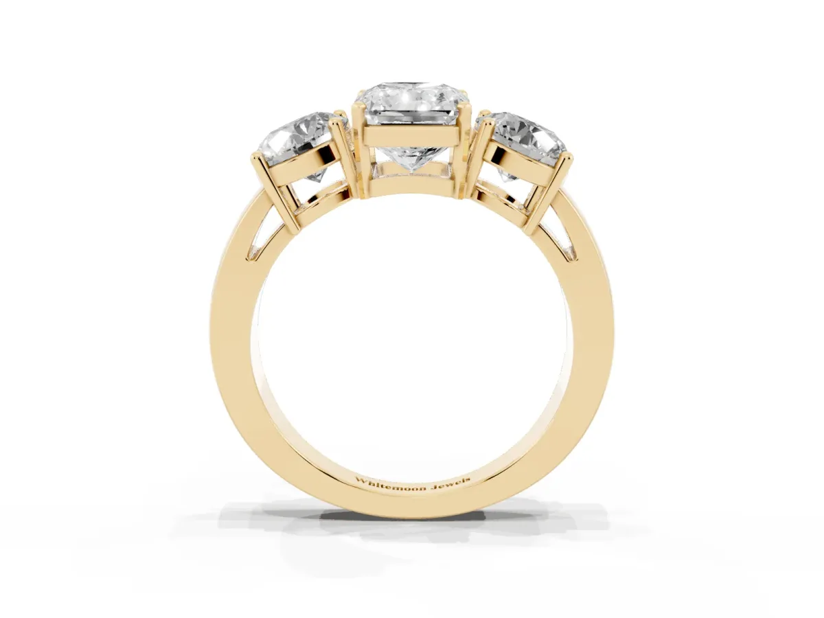 Three-Stone Radiant Cut Diamond Ring with Round Side Stones, Classic Band, and Four-Prong Setting Yellow gold