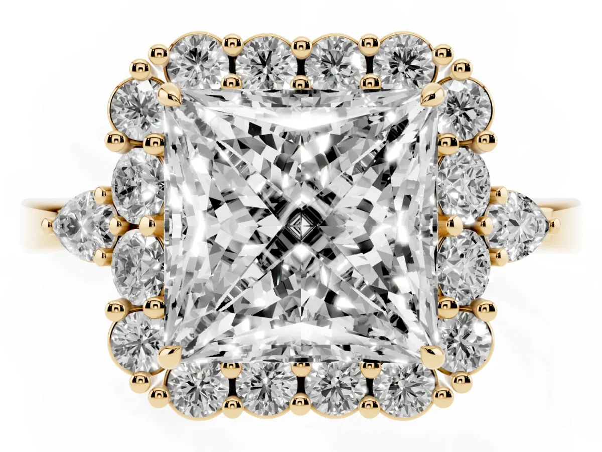 Princess Cut Diamond Halo Ring with Pear Side Stones and Prong Setting Yellow gold