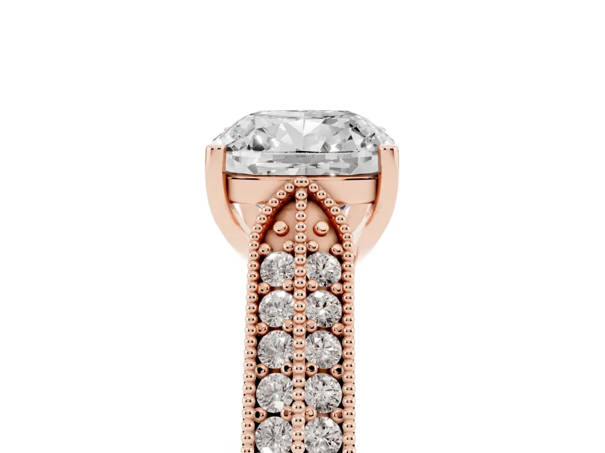 Cushion Cut Cut Pave Split Shank Engagement Ring with Four-Prong Setting Rose gold