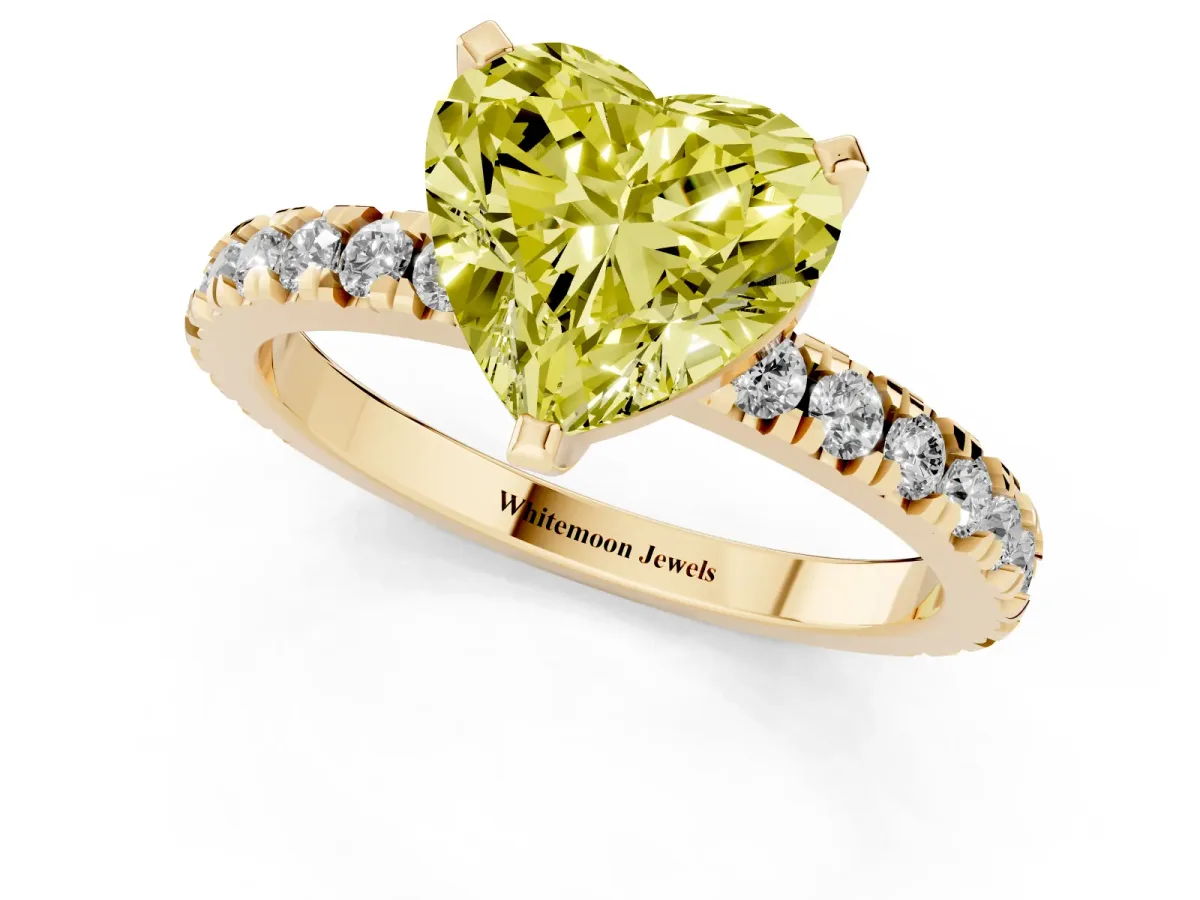 Fancy Yellow Heart Cut Diamond Pavé Band Solitaire with Four-Prong Setting Yellow gold