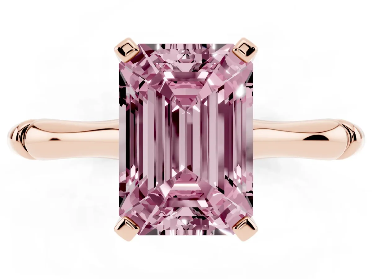 Fancy Pink Emerald Cut Solitaire Diamond Ring with Bamboo Band and Four-Prong Setting Rose gold