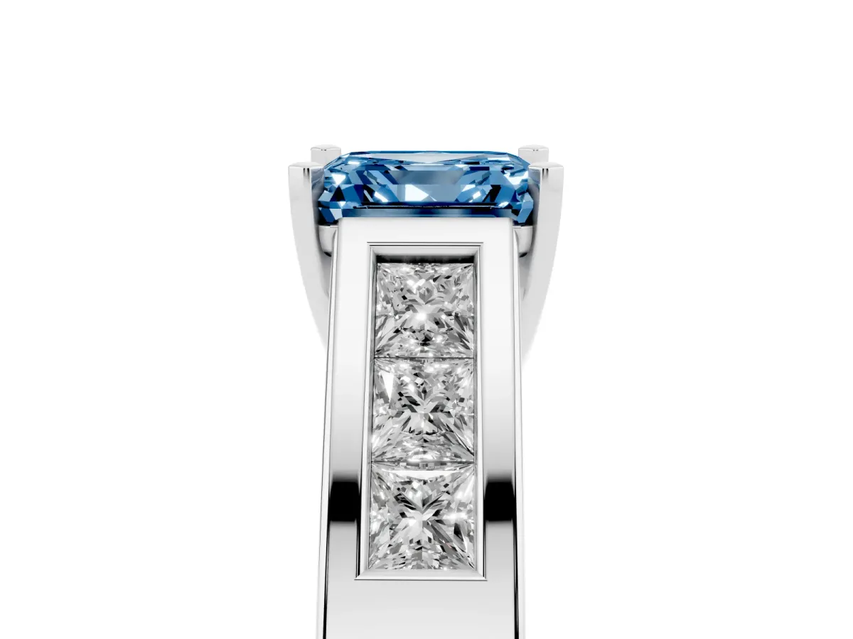 Fancy Blue Asscher Cut Cut Channel Set Solitaire Ring with Four-Prong Setting Silver