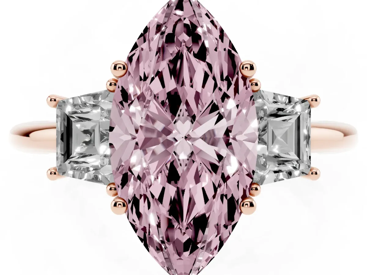 Fancy Pink Marquise Cut Diamond Three-Stone Ring with Trapezoid Side Stones and Prong Setting Rose gold