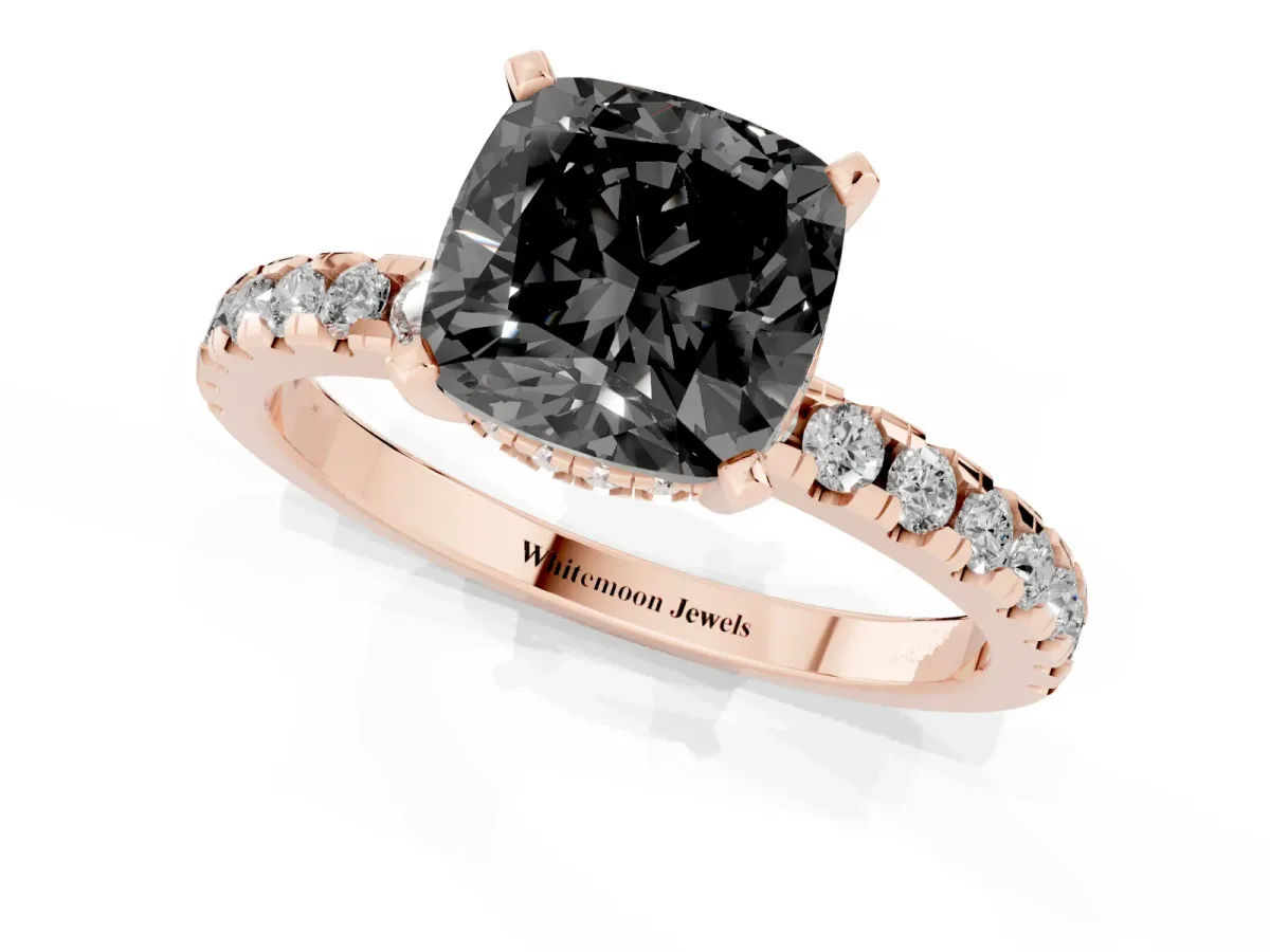 Fancy Black Cushion Cut Diamond Solitaire Ring with Round Pavé Band and Four-Prong Setting Rose gold