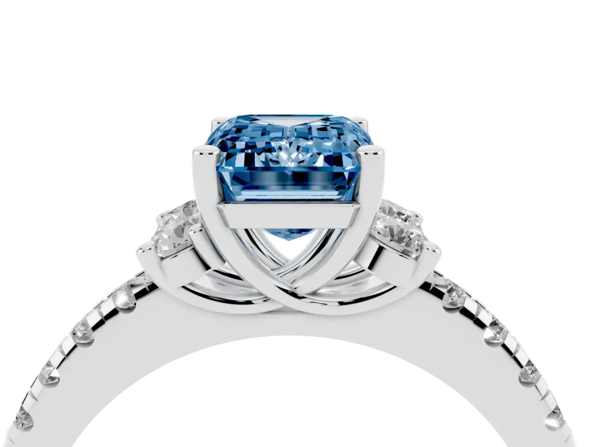 Fancy Blue Emerald Cut Diamond Three-Stone Pave Band with Four-Prong Setting Platinum