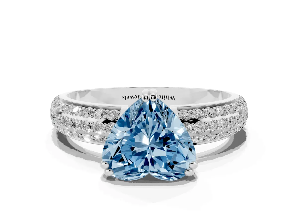 Fancy Blue Heart Cut Diamond Solitaire Ring with Multi-Row Round Pavé Band and Prong Setting Silver