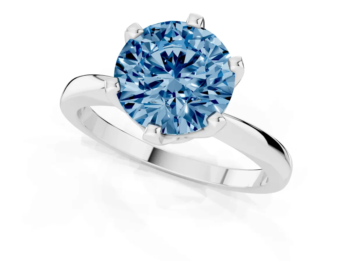 Fancy Blue Round Cut Solitaire Engagement Ring with Six-Prong Setting and Tapered Band White gold