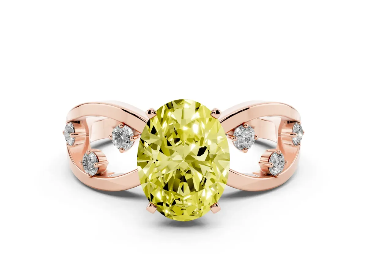 Fancy Yellow Oval Cut Cut Solitaire Diamond with Side Stones on Criss-Cross Band and Four-Prong Setting Rose gold