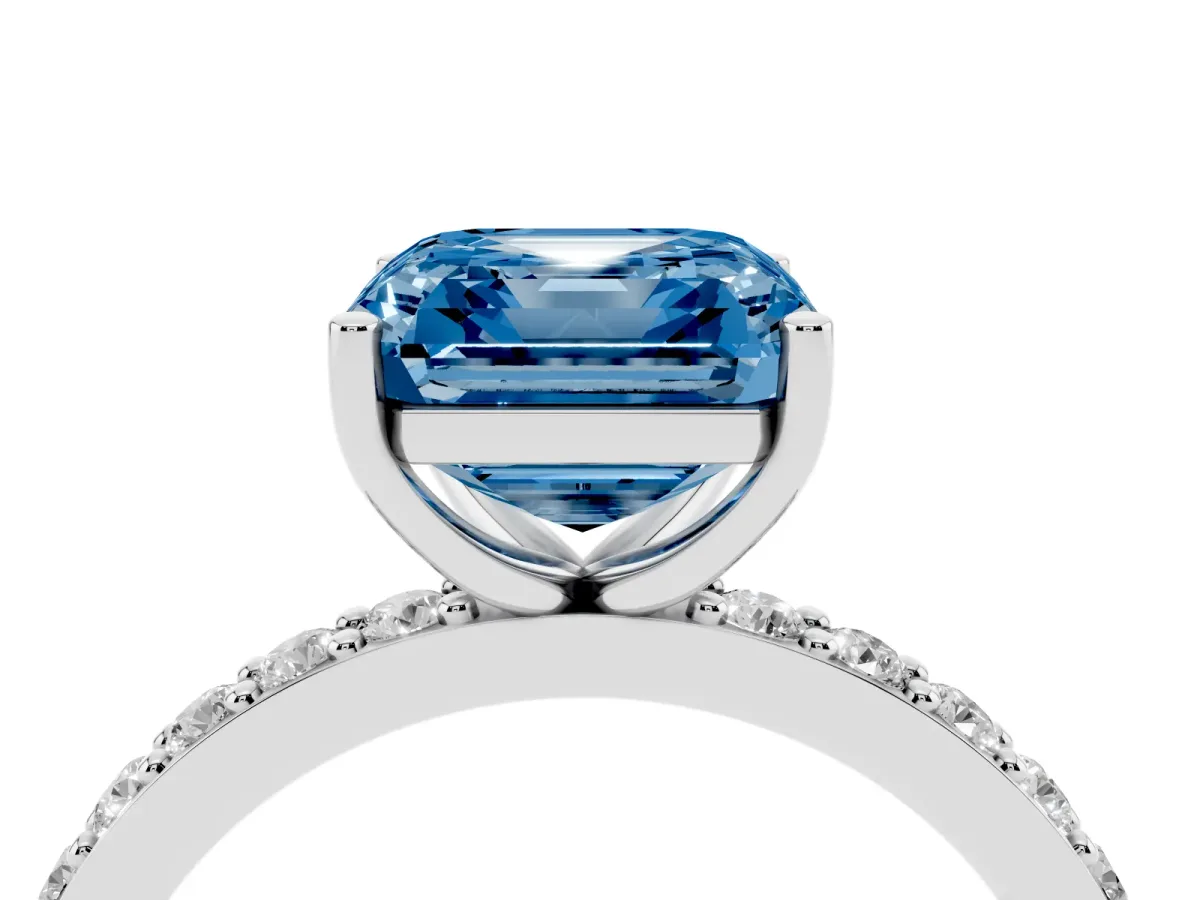 Fancy Blue Asscher Cut Cut Diamond Solitaire with Pave Band and Four-Prong Setting Silver