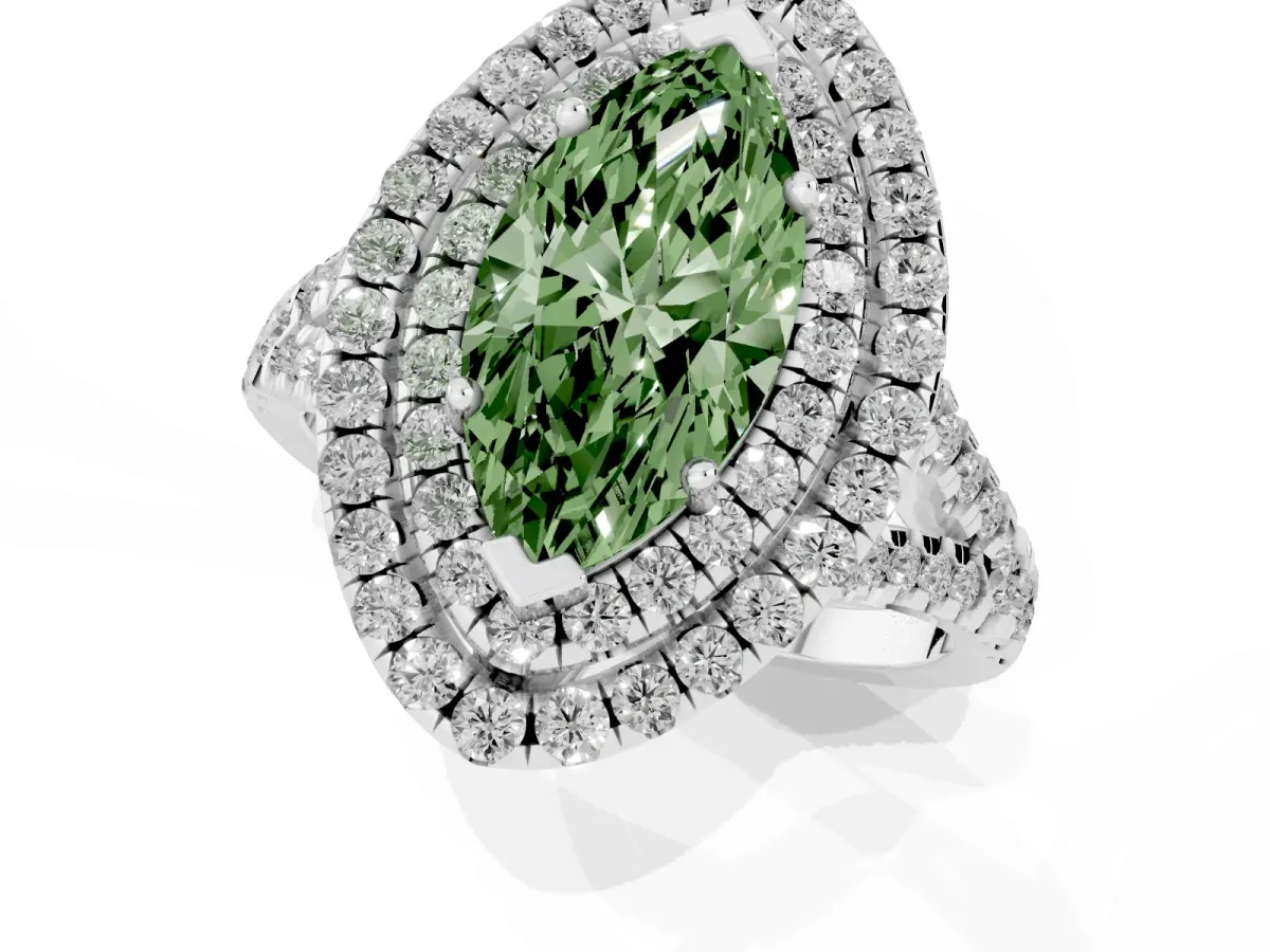 Fancy Green Double Halo Marquise Cut Diamond Pavé Split Shank Ring with Prong Setting Platinum