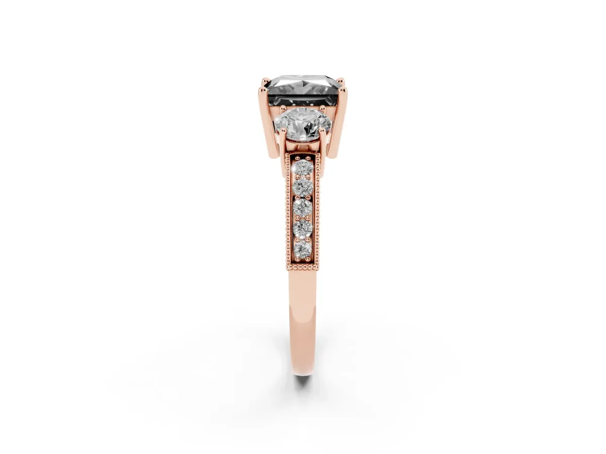 Fancy Black Princess Cut Three-Stone Diamond Ring with Pavé Band and Four-Prong Setting Rose gold