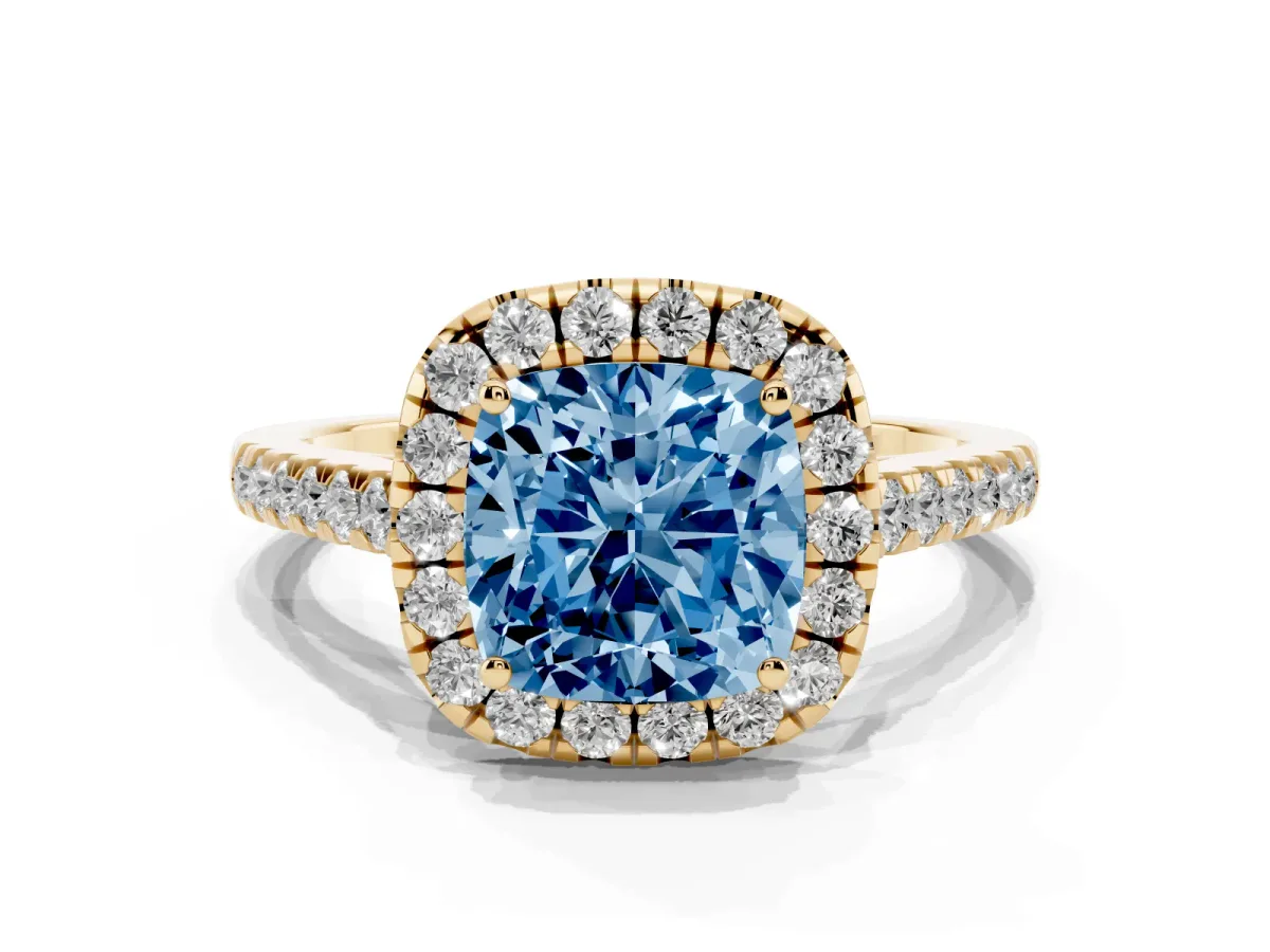 Fancy Blue Cushion Cut Halo Pave Diamond Engagement Ring with Four-Prong Setting Yellow gold
