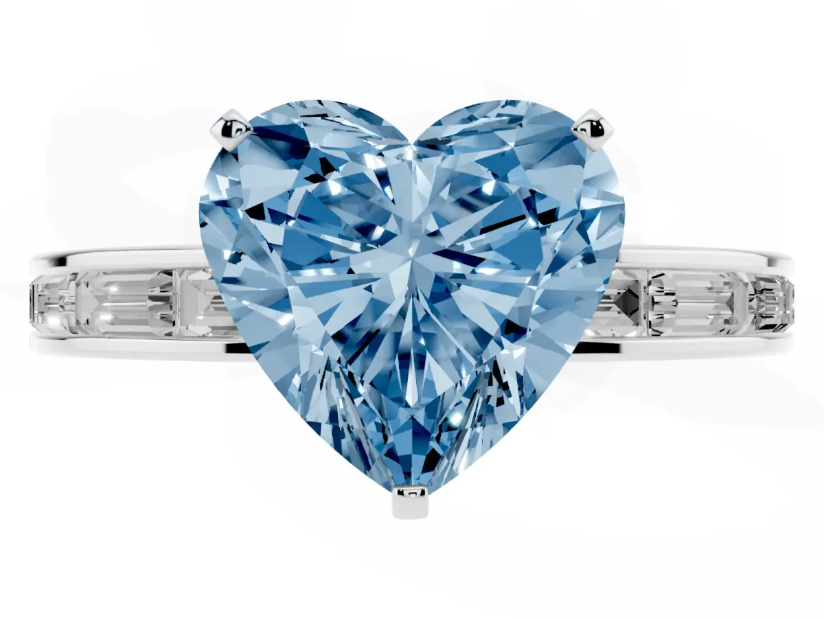 Fancy Blue Heart Cut Solitaire Diamond Ring with Channel-Set Baguette Band and Four-Prong Setting Platinum