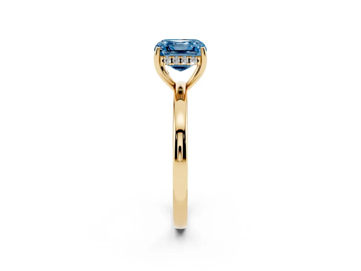 Fancy Blue Asscher Cut Solitaire Diamond Ring with Prong Setting and Plain Band Yellow gold