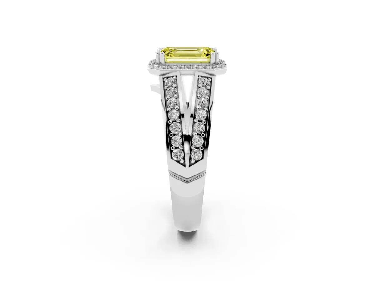 Fancy Yellow Emerald Cut Diamond Halo Ring with Split Shank Pavé Band and Four-Prong Setting White gold