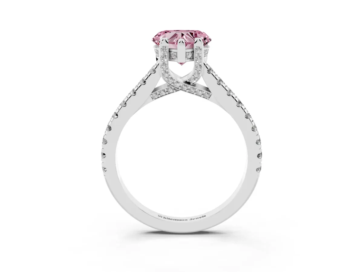 Fancy Pink Heart Cut Brilliant Diamond Solitaire with Pavé Band and Four-Prong Setting Platinum